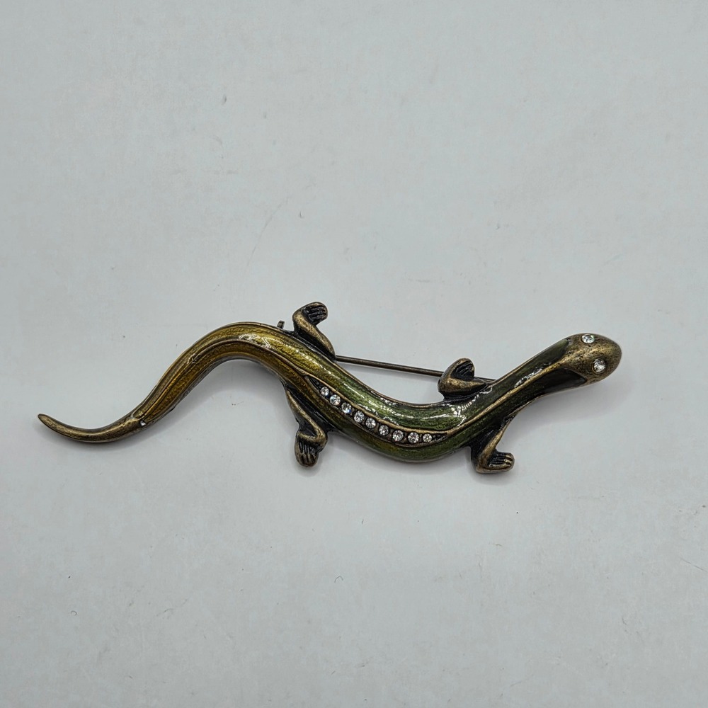 Vintage Green Enamel Rhinestone Lizard Gecko Brooch Antique Gold Tone Pin 3"